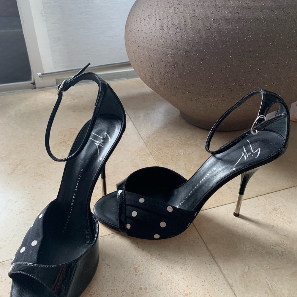Giuseppe Zanotti Black and White Polka Dot Ankle-Strap Heels - Picture 3 of 10